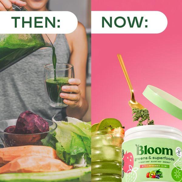 This creative visually contrasts the time-consuming process of blending raw vegetables with the ease of using a powder-based greens supplement.
